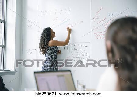 Stock Image - Businesswoman writing on whiteboard in meeting. Fotosearch