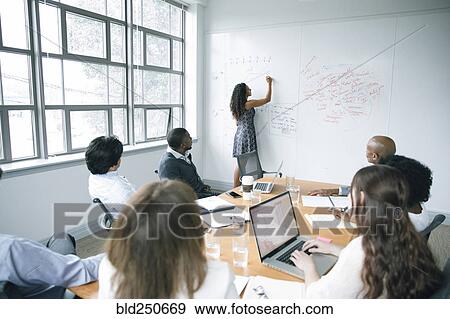 Stock Photo - Businesswoman writing on whiteboard in meeting. Fotosearch