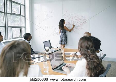 Stock Photograph - Businesswoman writing on whiteboard in meeting. Fotosearch