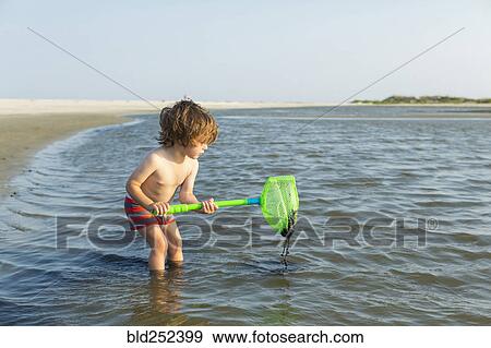 Stock Photo - Caucasian boy wading in ocean holding. Fotosearch