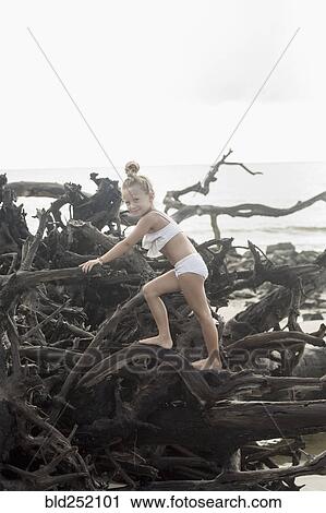 Stock Image - Caucasian girl climbing on driftwood at beach. Fotosearch