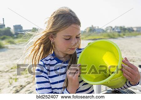 Caucasian girl holding crab in bucket on windy beach View Large Photo Image Stock Photo - Caucasian girl holding crab in bucket on windy beach. Fotosearch