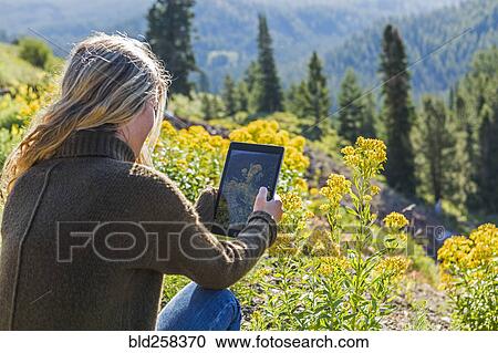 Stock Image - Caucasian girl photographing landscape with digital tablet. Fotosearch