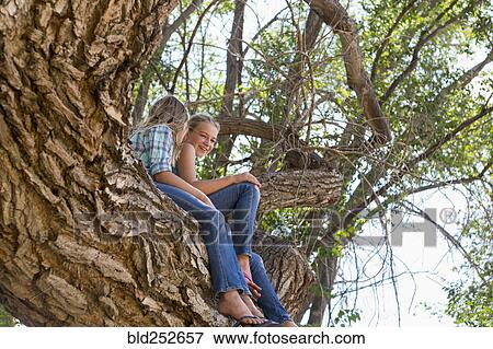 Caucasian girls sitting in tree View Large Photo Image Stock Photo - Caucasian girls sitting in tree. Fotosearch