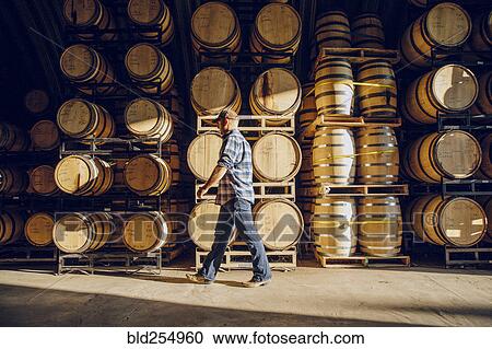 Stock Image - Caucasian man walking near barrels in distillery. Fotosearch