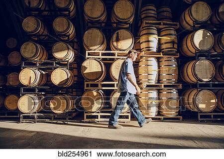 Stock Image - Caucasian man walking near barrels in distillery. Fotosearch