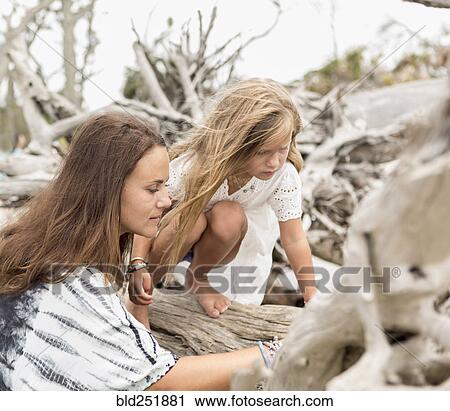 Stock Image - Caucasian mother and daughter examining driftwood on beach. Fotosearch
