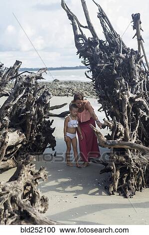 Stock Image - Caucasian mother and daughter examining driftwood on beach. Fotosearch
