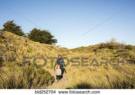Picture - Caucasian mother and daughter walking on sandy path. Fotosearch