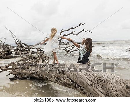 Caucasian mother and daughter walking on driftwood on beach View Large Photo Image Stock Photography - Caucasian mother and daughter walking on driftwood on beach. Fotosearch