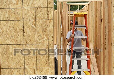 Stock Photography - Caucasian woman carrying ladder at construction site. Fotosearch