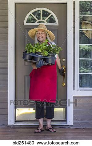 Caucasian woman holding potted plants in doorway View Large Photo Image Stock Image - Caucasian woman holding potted plants in doorway. Fotosearch
