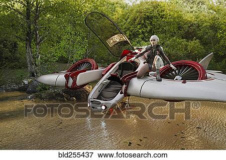 Caucasian woman standing on wing of futuristic airplane in river View Large Photo Image Stock Photo - Caucasian woman standing on wing of futuristic airplane in river. Fotosearch