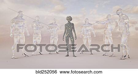 Stock Photograph - Checkered boy wearing virtual reality goggles near transparent men. Fotosearch