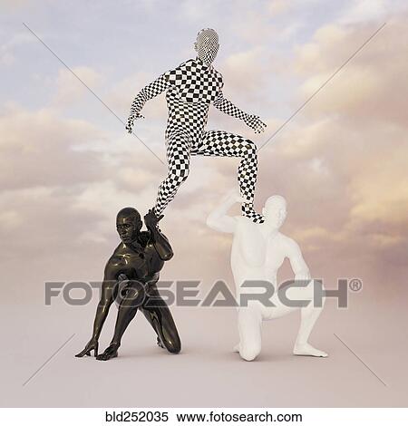 Checkered man balancing on shoulders of black and white men View Large Photo Image Stock Photography - Checkered man balancing on shoulders of black and white men. Fotosearch