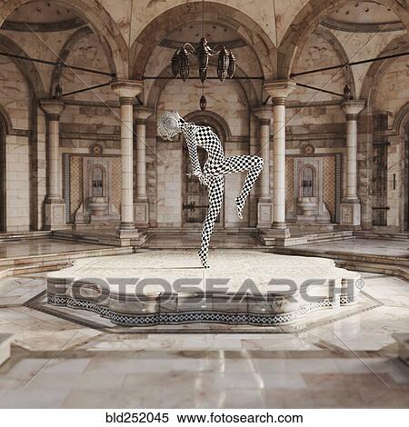 Stock Photography - Checkered woman dancing wearing virtual reality goggles. Fotosearch