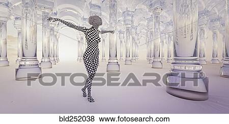 Stock Photo - Checkered woman wearing virtual reality goggles near glass pillars. Fotosearch