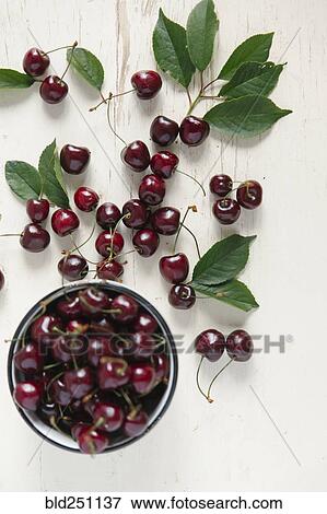 Stock Photo - Cherries and bowl on white wooden table. Fotosearch
