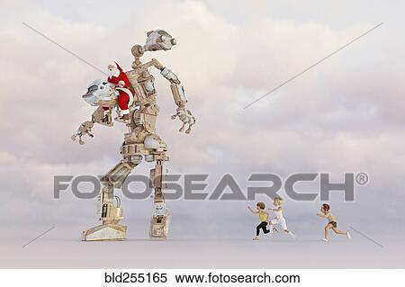 Stock Photography - Children chasing Santa steering robot. Fotosearch