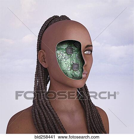 Stock Image - Circuits in face of robot woman. Fotosearch
