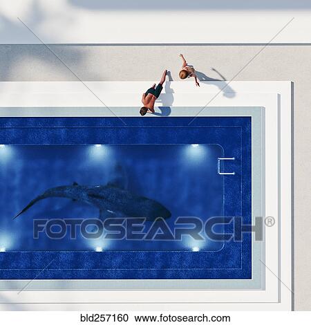 Stock Image - Couple watching shark in swimming pool. Fotosearch