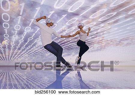 Couple wearing virtual reality helmets dancing in binary code View Large Photo Image Stock Image - Couple wearing virtual reality helmets dancing in binary code. Fotosearch