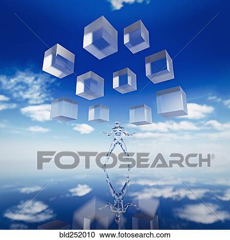 Cubes floating in sky above transparent man View Large Photo Image Stock Image - Cubes floating in sky above transparent man. Fotosearch