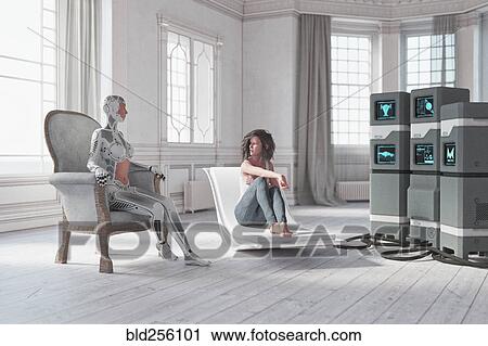 Cyborg and the woman talking near computers View Large Photo Image Stock Image - Cyborg and the woman talking near computers. Fotosearch