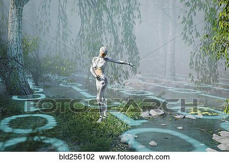 Stock Image - Cyborg woman standing in binary code forest. Fotosearch
