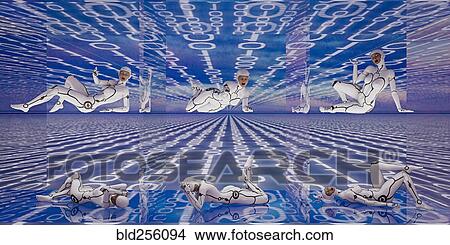 Picture - Cyborg women laying in binary code. Fotosearch