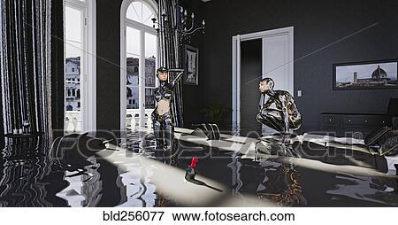 Cyborgs standing in flooded bedroom View Large Photo Image Stock Photo - Cyborgs standing in flooded bedroom. Fotosearch