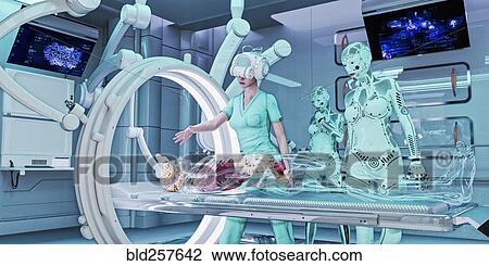 Stock Image - Doctor wearing virtual reality helmet treating transparent patient. Fotosearch