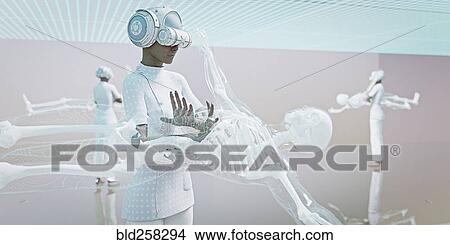 Picture - Doctors wearing virtual reality goggles examining skeleton. Fotosearch