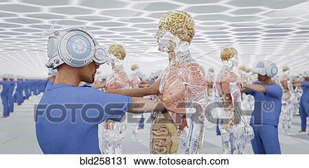 Stock Image - Doctors wearing virtual reality goggles examining transparent men. Fotosearch