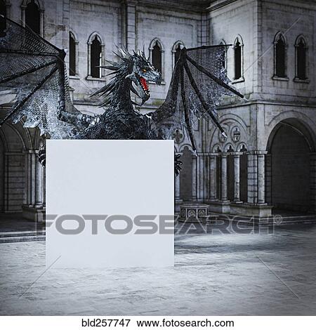 Stock Photo - Dragon spreading wings behind blank sign. Fotosearch