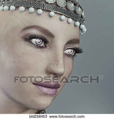 Stock Image - Face of futuristic woman wearing ornate headpiece. Fotosearch