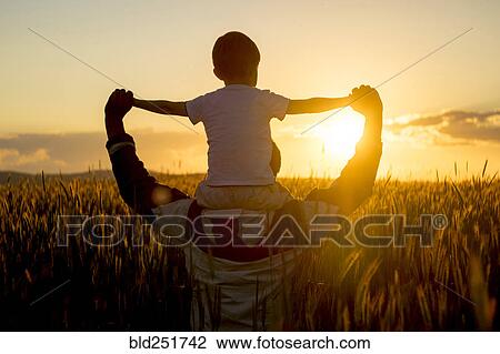 Stock Image - Father carrying son on shoulders in field of wheat at sunset. Fotosearch