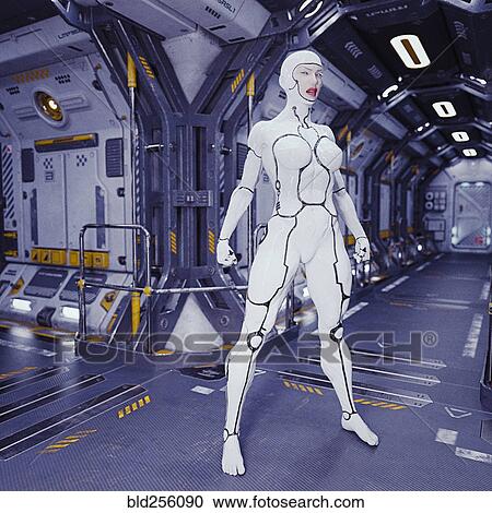 Stock Image - Fierce female cyborg on spaceship. Fotosearch
