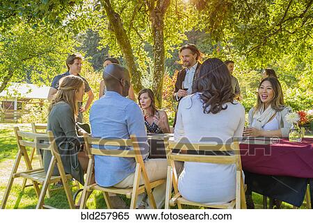 Friends drinking wine at party outdoors View Large Photo Image Stock Photography - Friends drinking wine at party outdoors. Fotosearch