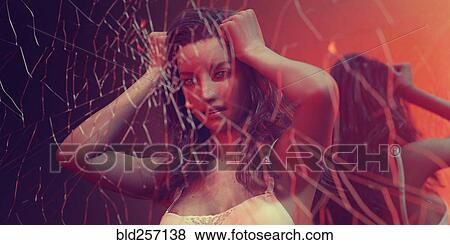 Stock Photo - Frustrated woman behind breaking glass. Fotosearch