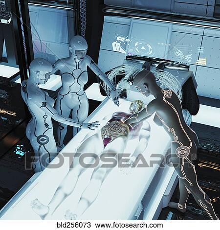 Stock Image - Futuristic doctor reaching into cyborg organs. Fotosearch
