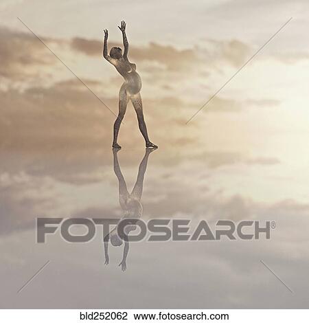 Stock Image - Futuristic expectant mother standing in clouds. Fotosearch