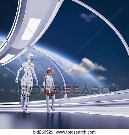 Stock Photography - Futuristic girl walking with woman robot. Fotosearch