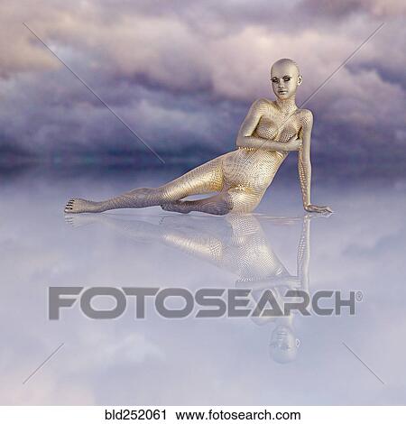 Futuristic golden woman sitting in sky View Large Photo Image Stock Image - Futuristic golden woman sitting in sky. Fotosearch