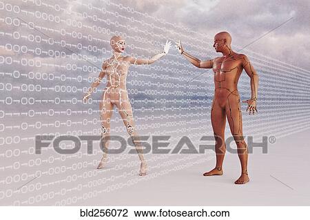 Stock Image - Futuristic man and woman touching through binary code. Fotosearch