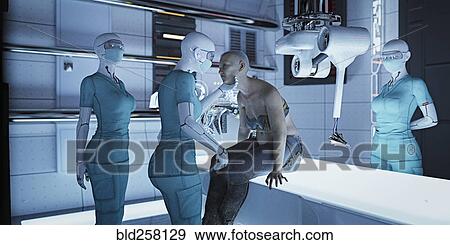Stock Photo - Futuristic nurses examining woman. Fotosearch
