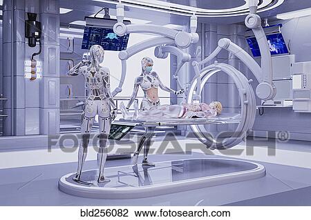 Stock Image - Futuristic nurses repairing cyborg. Fotosearch