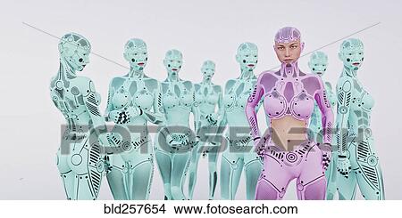 Futuristic pink woman standing near green androids View Large Photo Image Picture - Futuristic pink woman standing near green androids. Fotosearch