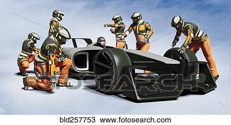 Futuristic pit crew servicing race car View Large Photo Image Stock Image - Futuristic pit crew servicing race car. Fotosearch