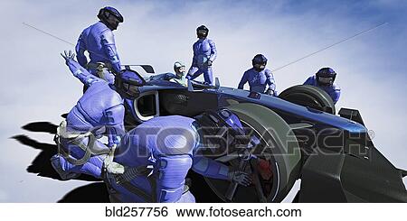 Futuristic pit crew servicing race car View Large Photo Image Stock Photograph - Futuristic pit crew servicing race car. Fotosearch